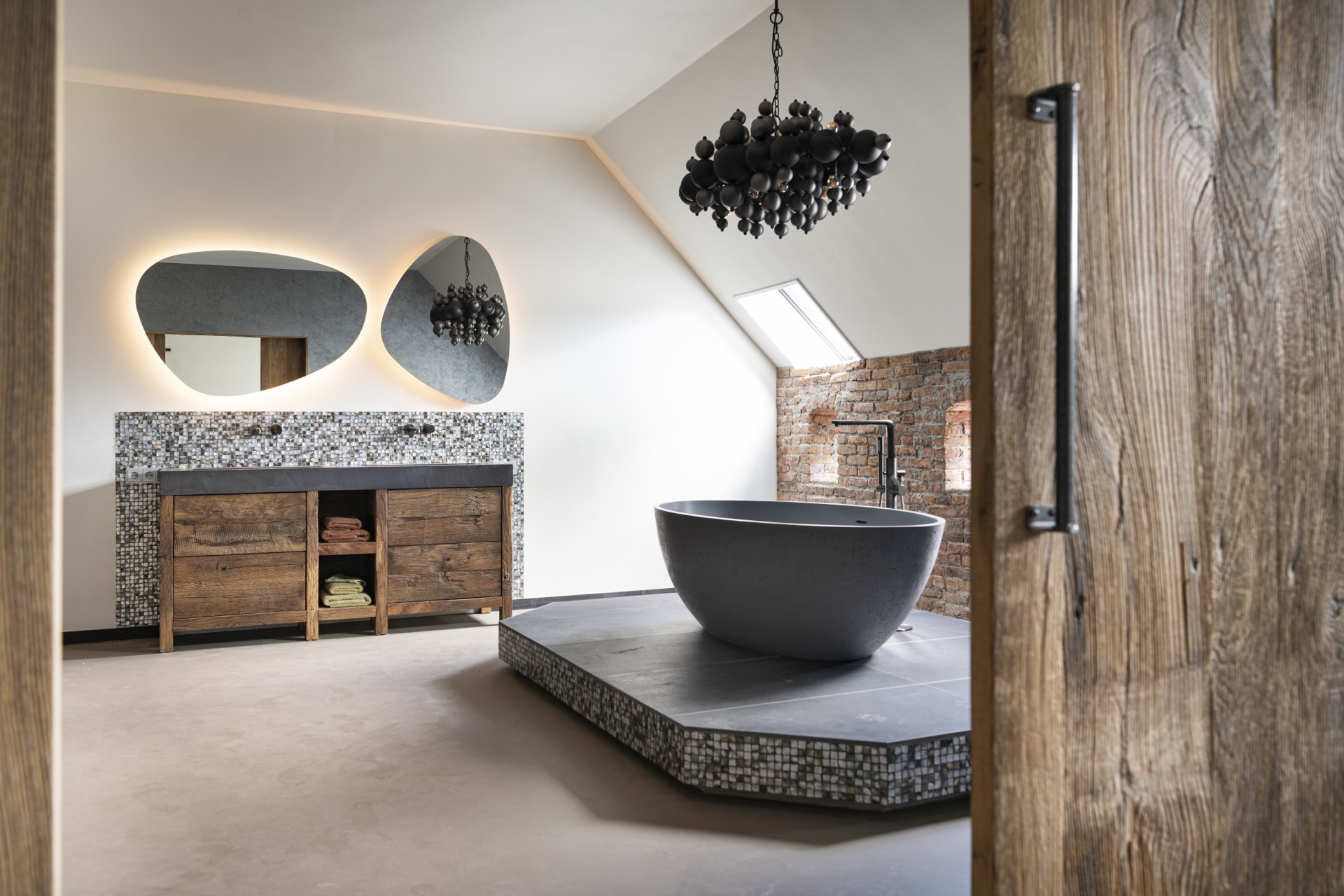 rustic industrial kitchen: bathroom with freestanding bathtub, stone finishes and wooden vanity, Luxury, Design, Exclusive, Modern, Custom Made, Special, Beautiful