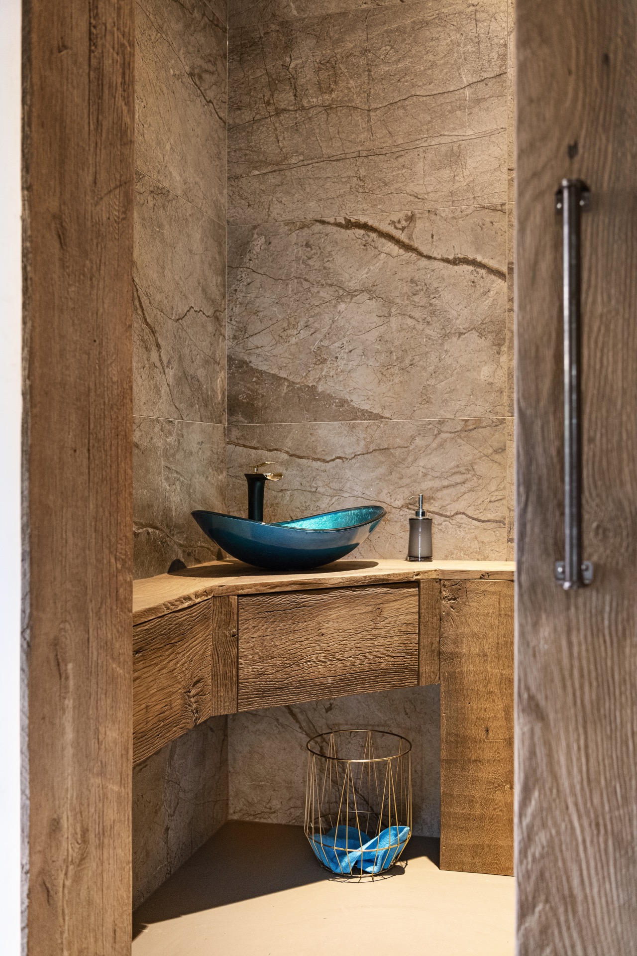 rustic industrial kitchen: bathroom detail of a marble-look stone wall and vanity zone in a niche, Luxury, Design, Exclusive, Modern, Custom Made, Special, Beautiful