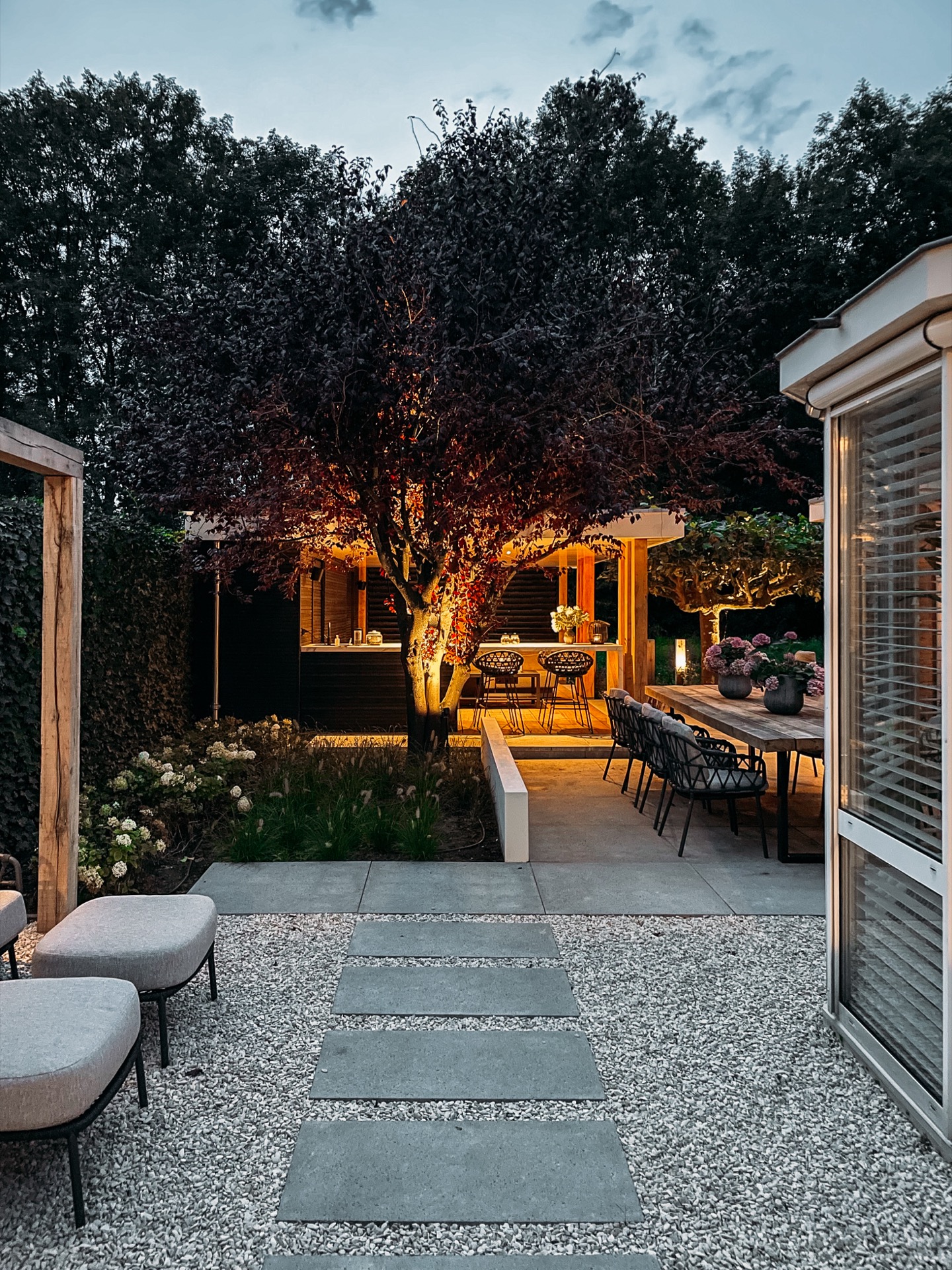 garden lighting: terrace with outdoor furniture and mood lighting, lush garden around., Luxury, Design, Exclusive, Modern, Custom Made, Special, Beautiful