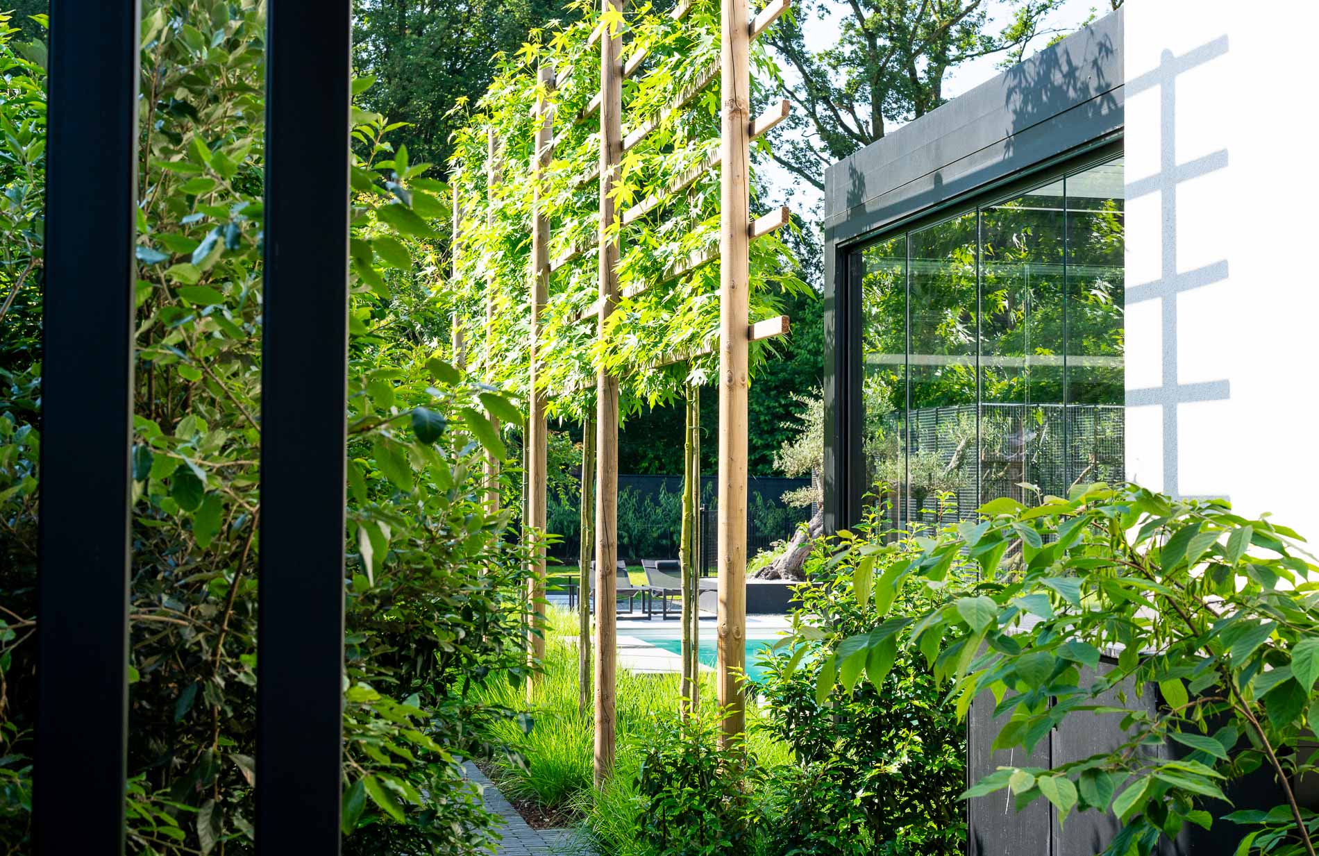 giardino moderno con fascino mediterraneo: giardino moderno con annex e pergola in stile mediterraneo., Luxury, Design, Exclusive, Modern, Custom Made, Special, Beautiful