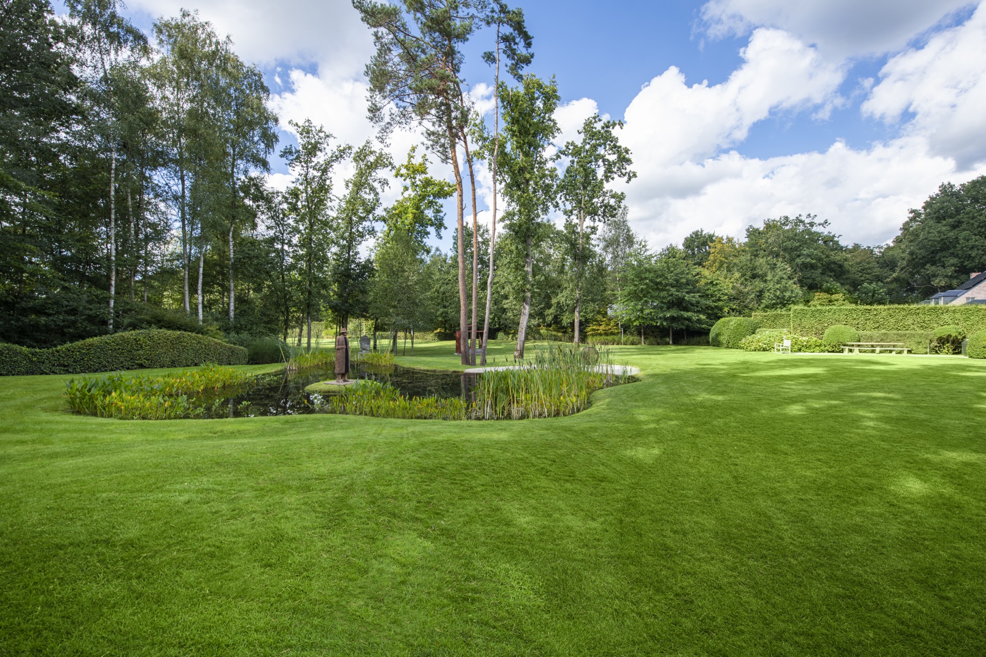 Giardino con stagno e fiori di loto, circondato da prato verde e alberi., Luxury, Design, Exclusive, Modern, Custom Made, Special, Beautiful