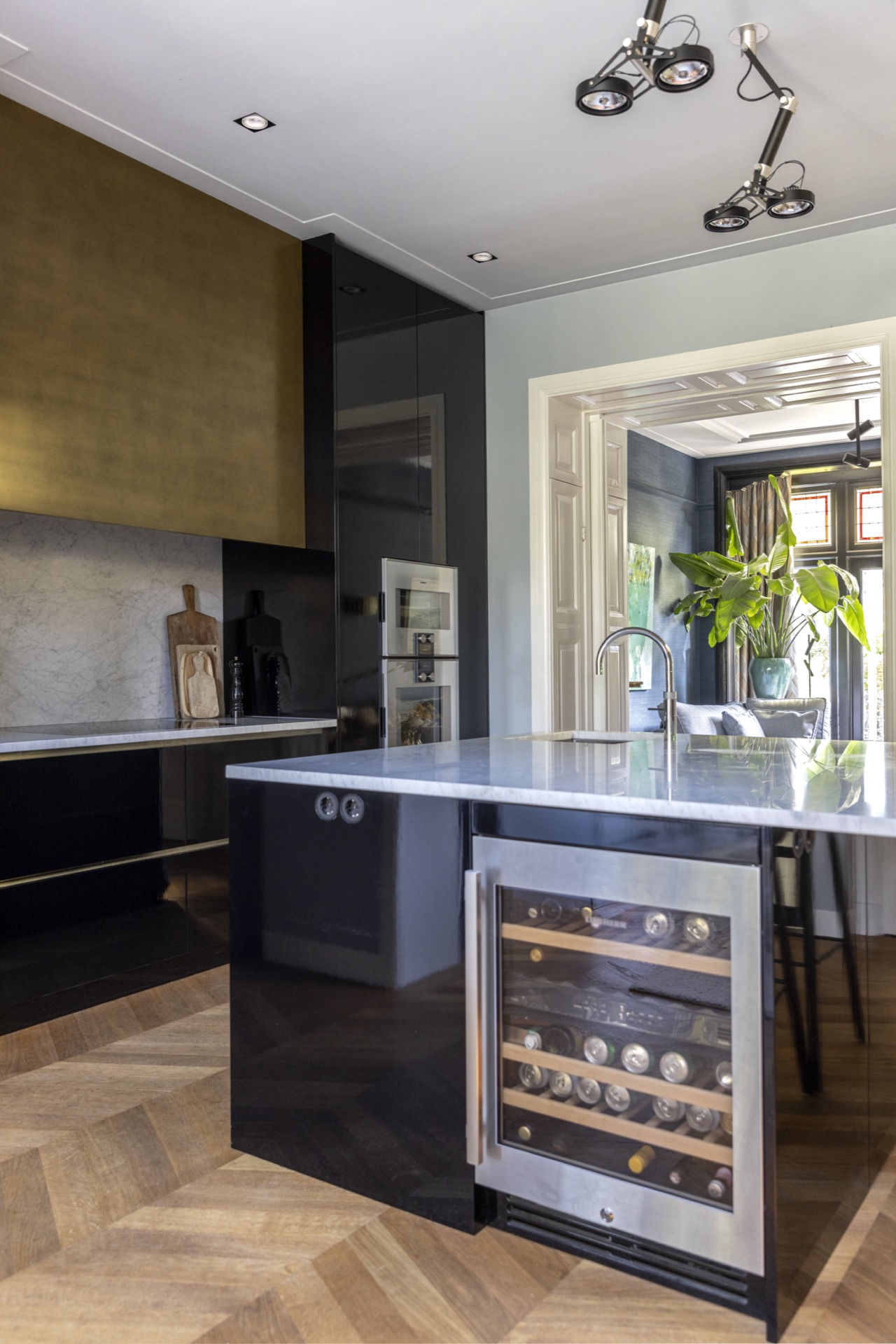 home extension design: modern kitchen with black-stained wood and marble worktop, wine fridge., Luxury, Design, Exclusive, Modern, Custom Made, Special, Beautiful