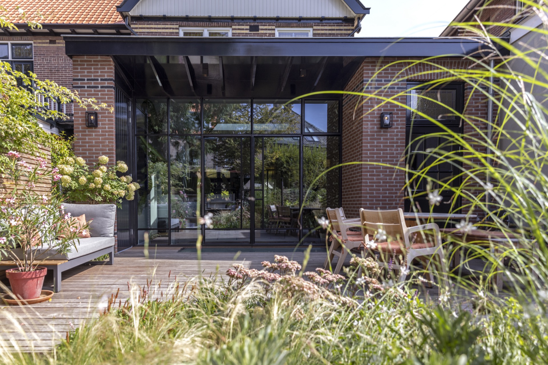 home extension design: modern house facade with large glass doors and garden furniture, Luxury, Design, Exclusive, Modern, Custom Made, Special, Beautiful