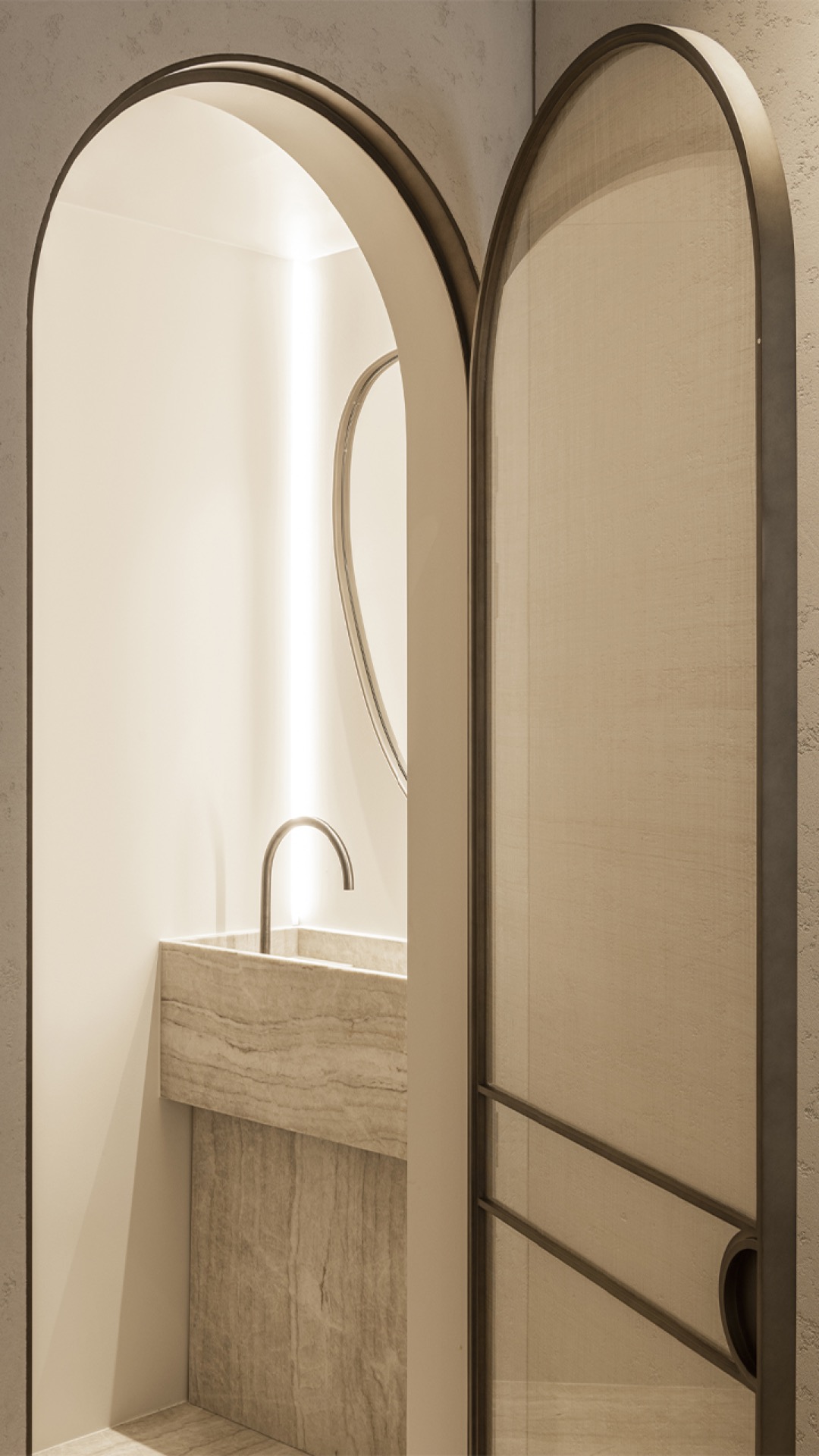 design interno materiali naturali: toiletto con lavabo in marmo, separazione luminosa e stile moderno, Luxury, Design, Exclusive, Modern, Custom Made, Special, Beautiful