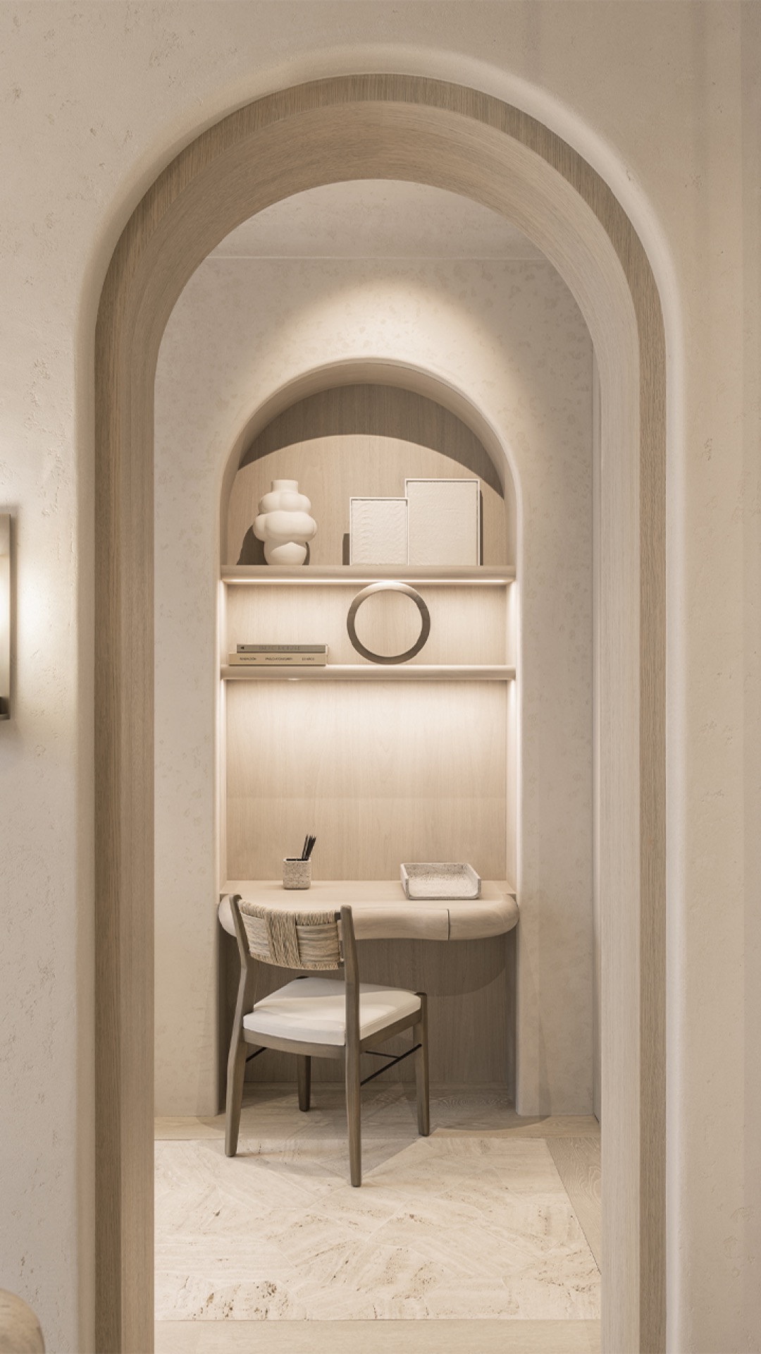 design interno materiali naturali: angolo ufficio domestico con nicchia e oggetti decorativi, stile rustico e moderno., Luxury, Design, Exclusive, Modern, Custom Made, Special, Beautiful