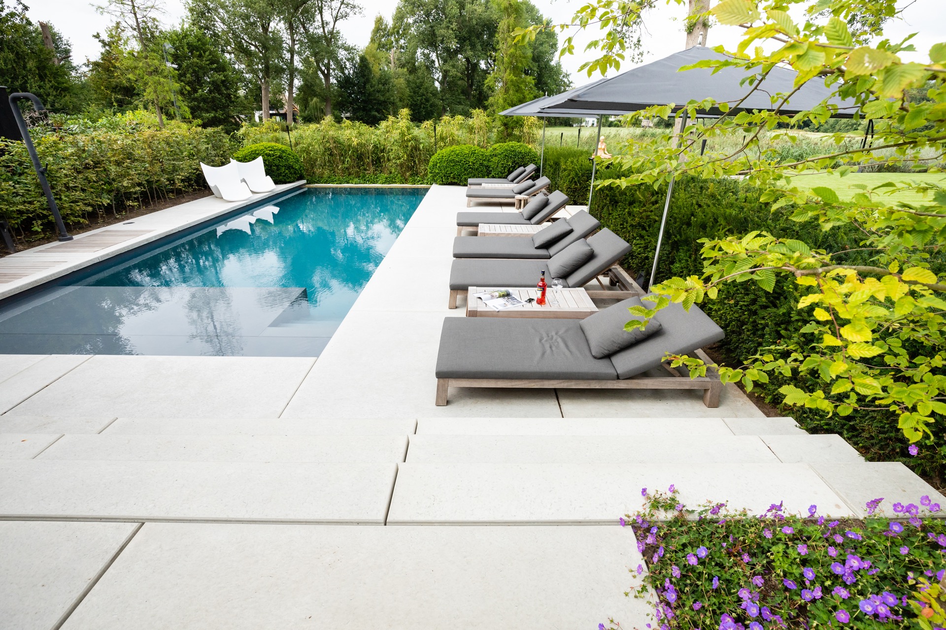 design giardino moderno: giardino moderno con piscina, lettini e patio in legno., Luxury, Design, Exclusive, Modern, Custom Made, Special, Beautiful
