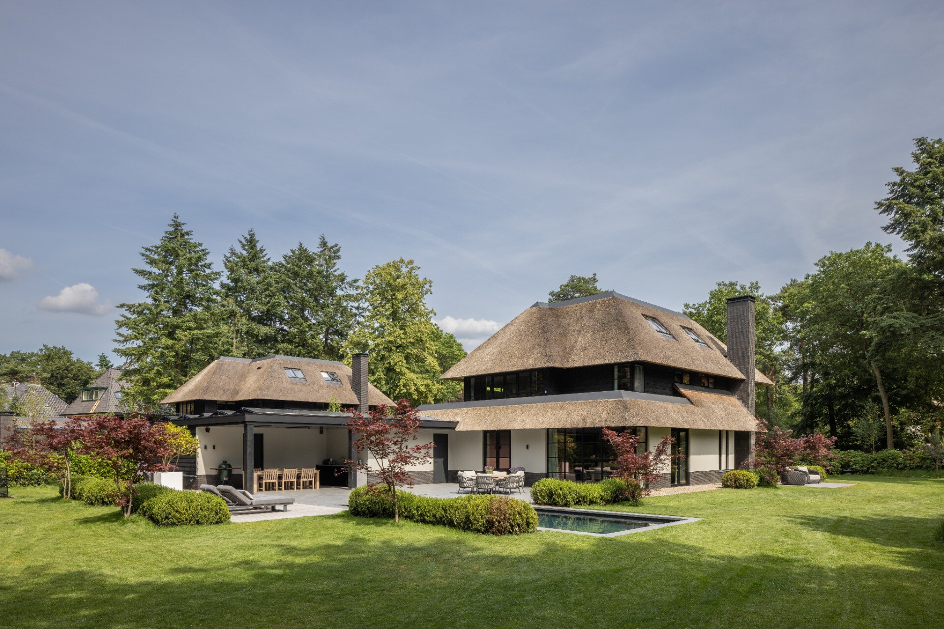 caratteristiche ecosostenibili: vista posteriore di villa moderna con piscina e giardino verde, Luxury, Design, Exclusive, Modern, Custom Made, Special, Beautiful