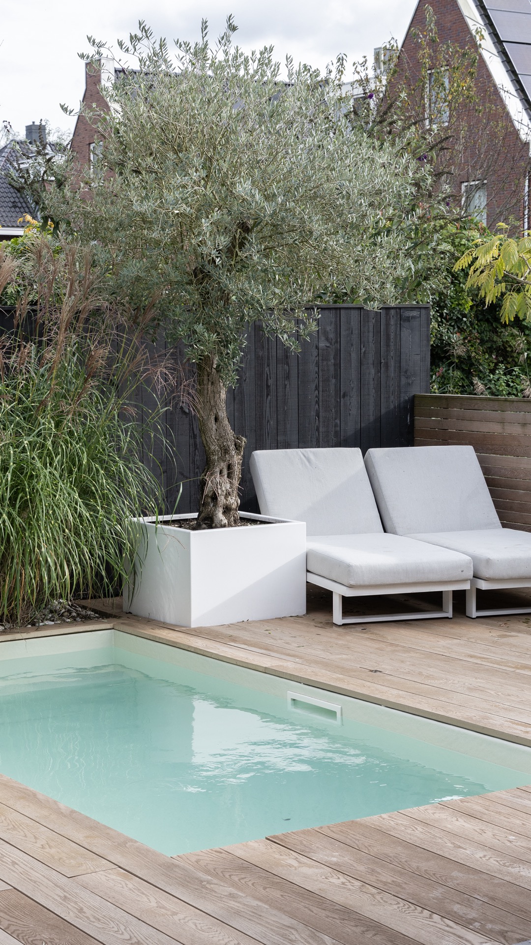 giardino moderno con plungepool: giardino moderno con piscina, decking in legno e mobili bianchi, Luxury, Design, Exclusive, Modern, Custom Made, Special, Beautiful