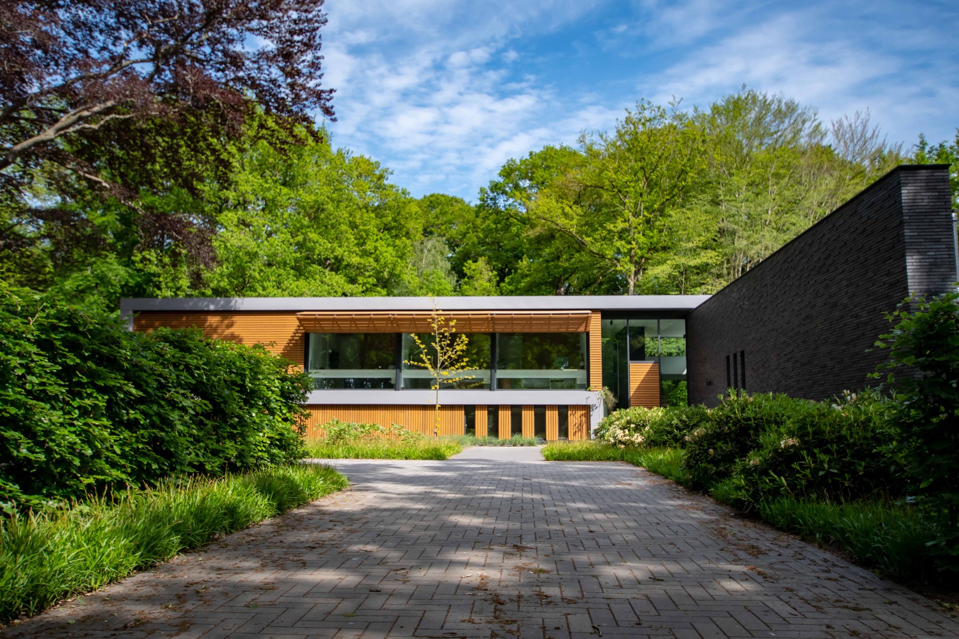 finitura moderna in legno e vetro: casa moderna con grandi finestre e facciata in legno, circondata dalla natura., Luxury, Design, Exclusive, Modern, Custom Made, Special, Beautiful
