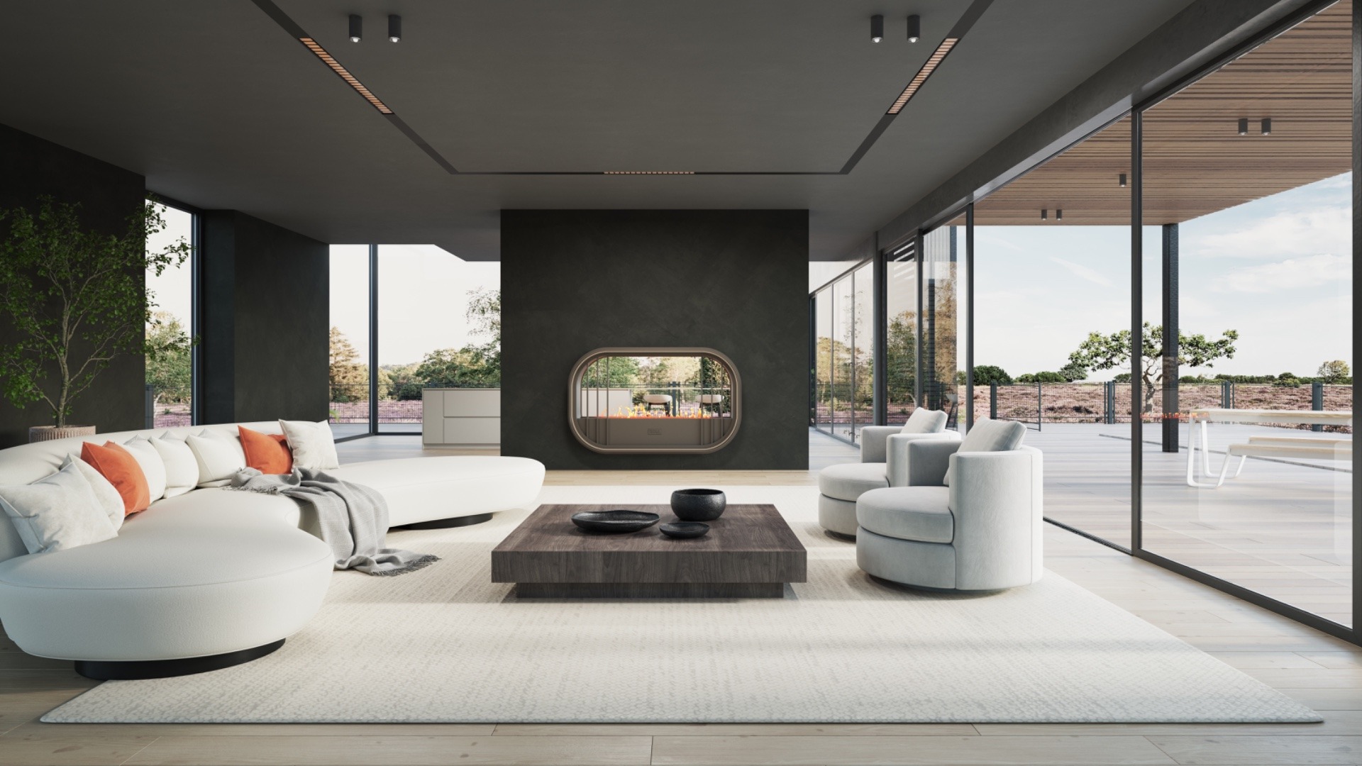 rivestimento camino moderno: soggiorno accogliente con illuminazione decorativa e design moderno., Luxury, Design, Exclusive, Modern, Custom Made, Special, Beautiful