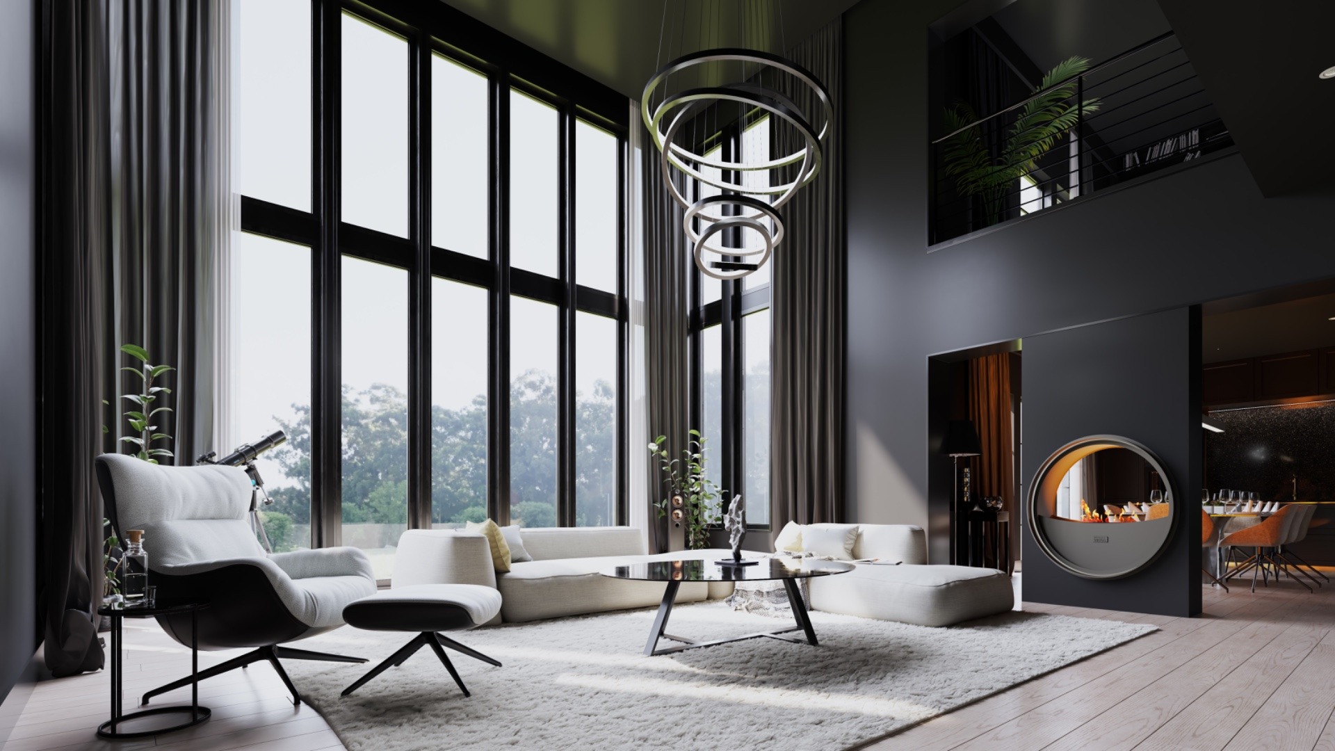 camino moderno: interno con grandi finestre, mobili moderni e tanta luce naturale., Luxe, Design, Exclusief, Modern, Maatwerk, Bijzondere, Mooie
