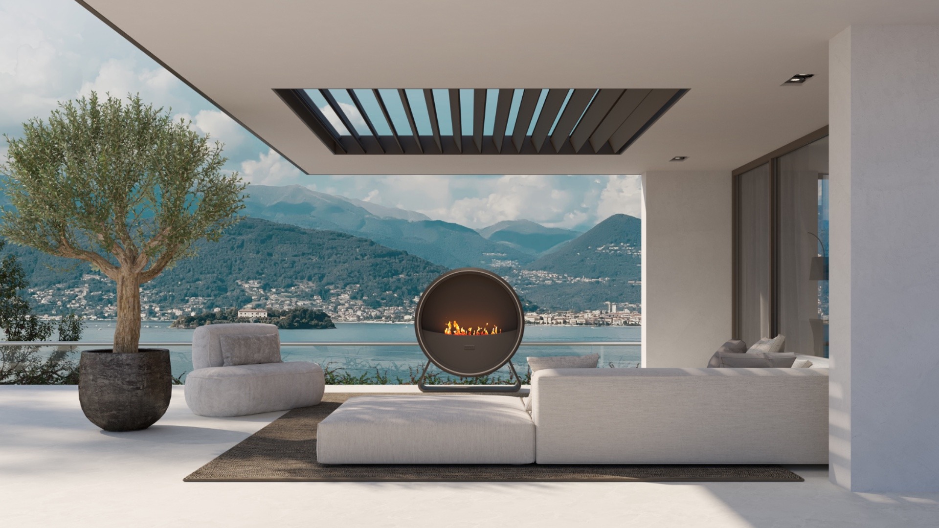 camino moderno: zona esterna moderna con camino e viste panoramiche su acqua e montagne., Luxe, Design, Exclusief, Modern, Maatwerk, Bijzondere, Mooie