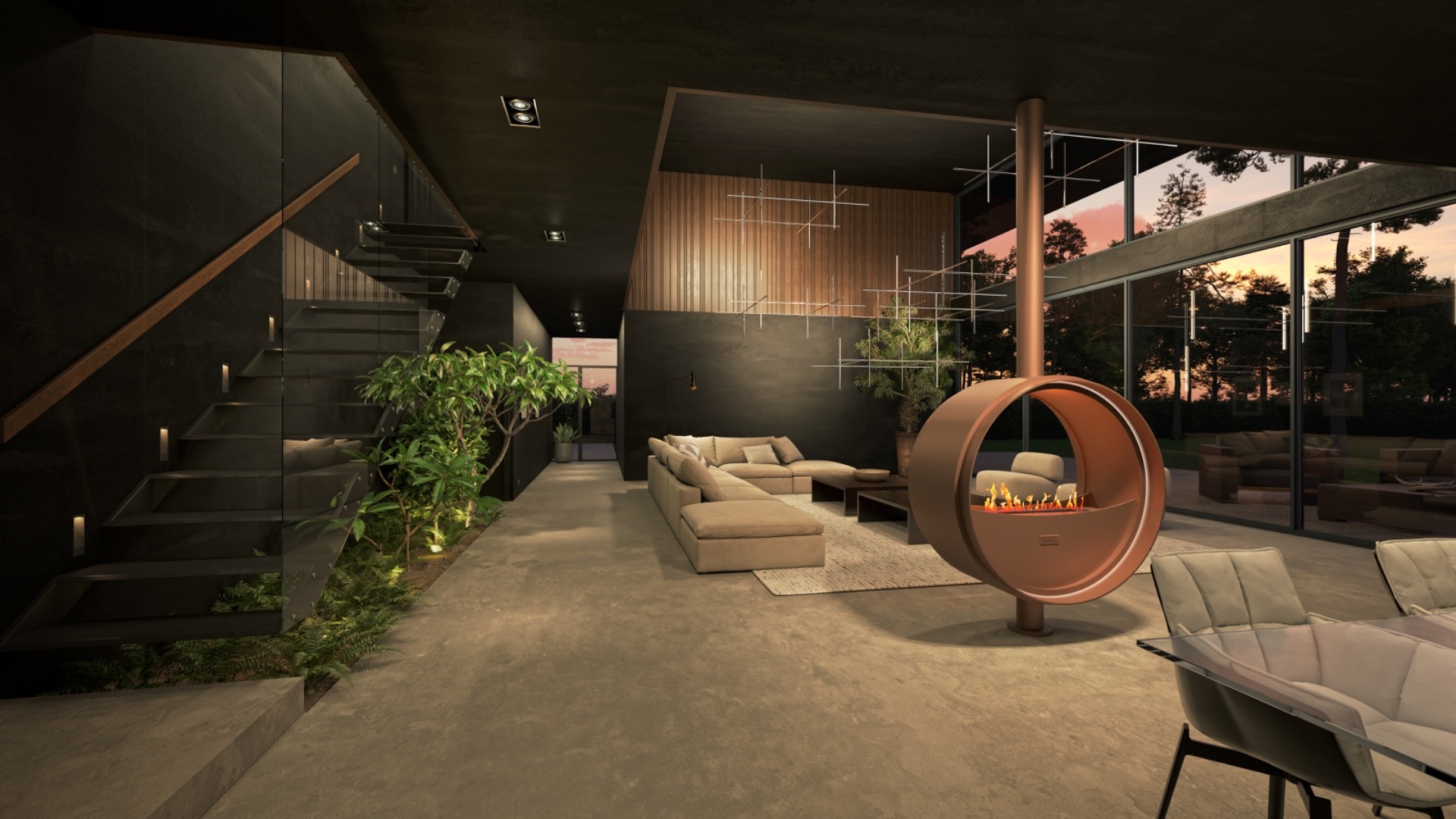 camino moderno: soggiorno moderno con grandi finestre, camino e vista sulla natura., Luxe, Design, Exclusief, Modern, Maatwerk, Bijzondere, Mooie