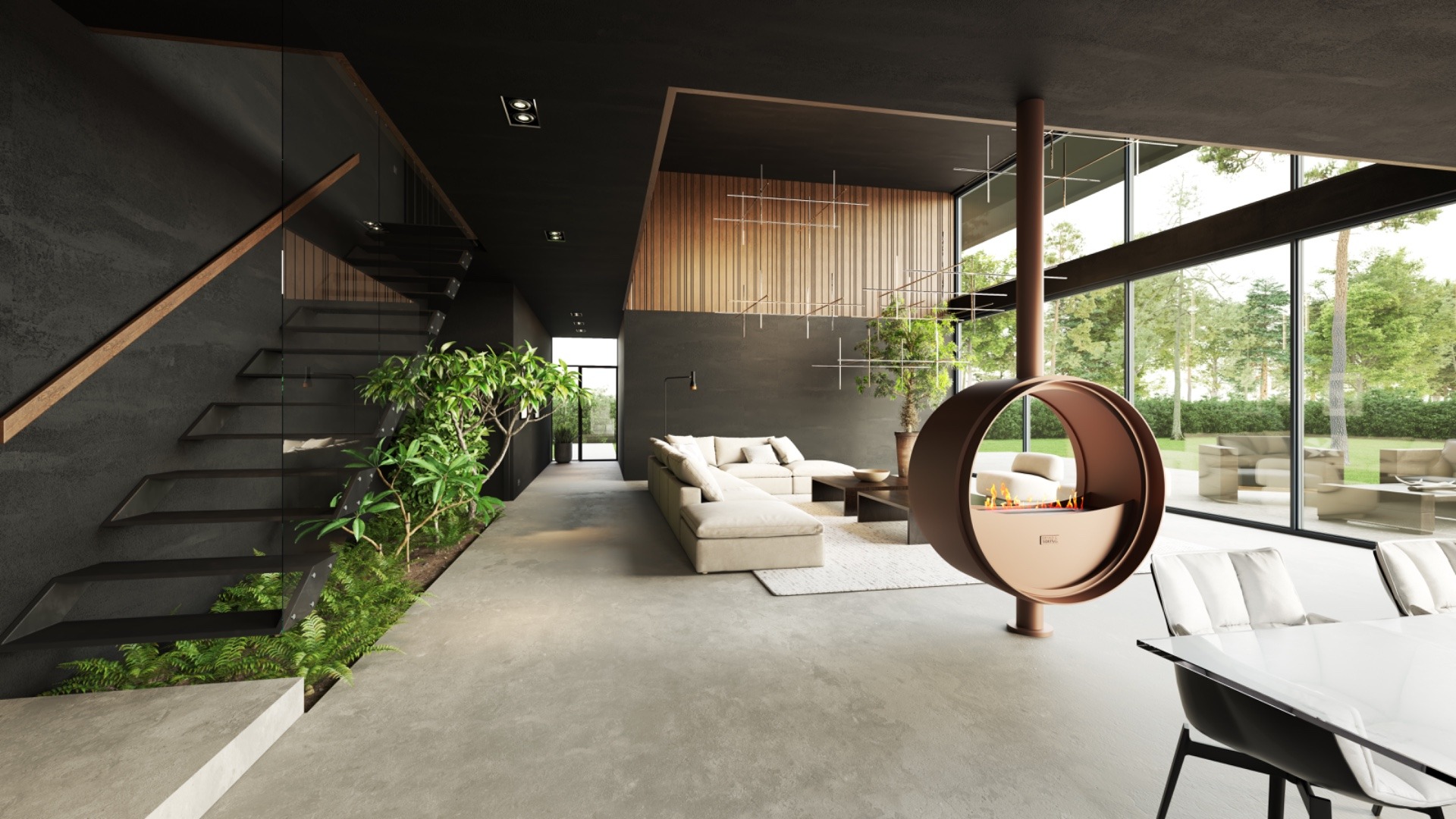 camino moderno: soggiorno moderno con grandi pareti in vetro, camino rotondo sospeso e piante verdi., Luxe, Design, Exclusief, Modern, Maatwerk, Bijzondere, Mooie