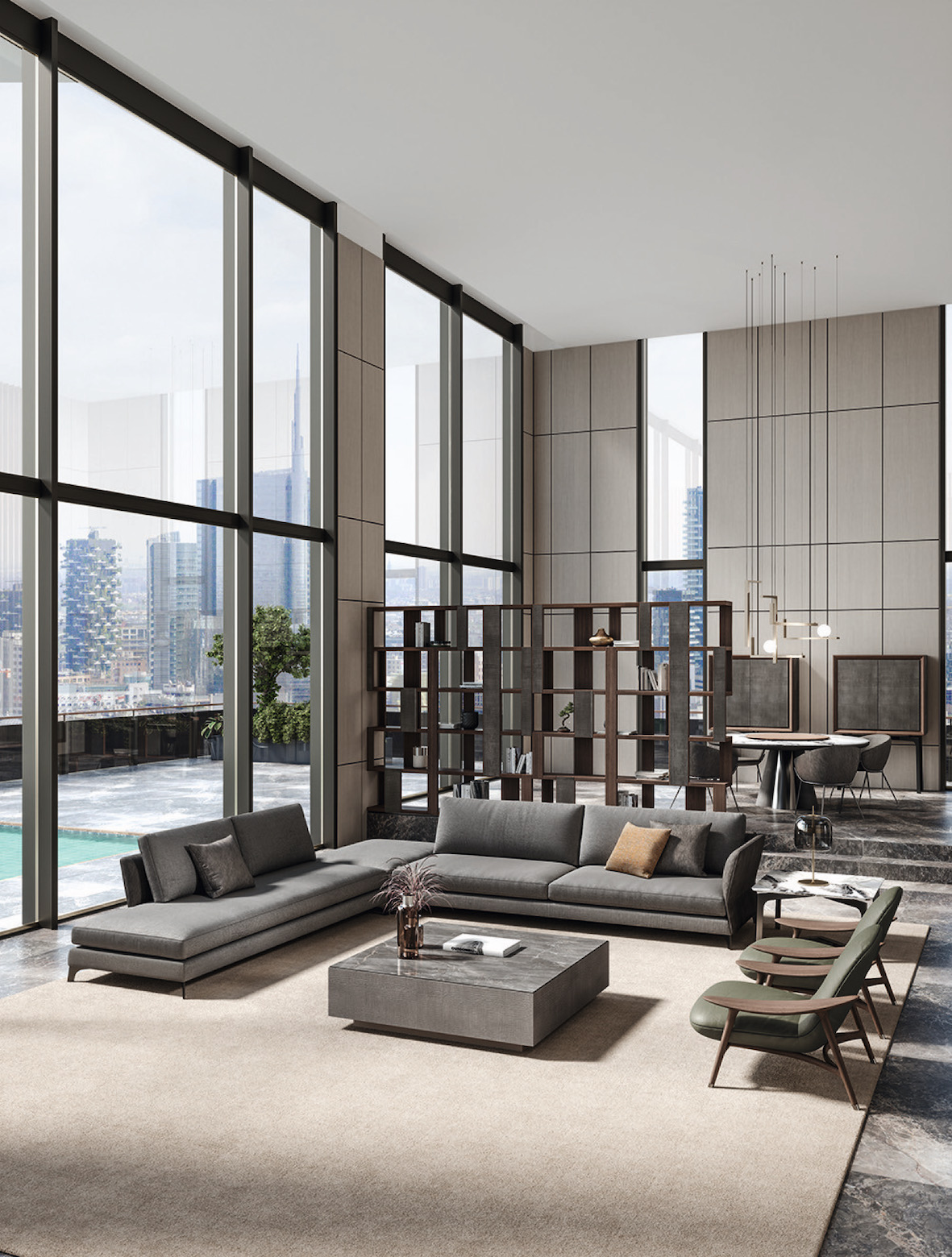 esempio progetto ristrutturazione casa: soggiorno con zona lounge, grandi finestre e libreria, design moderno ed elegante, Luxury, Design, Exclusive, Modern, Custom Made, Special, Beautiful