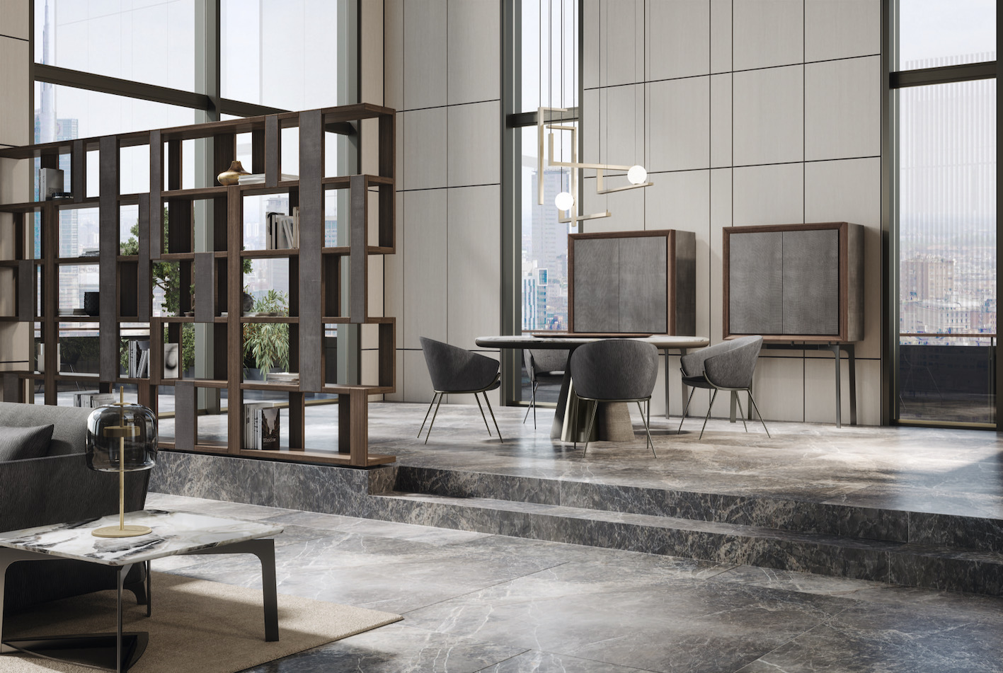 esempio progetto ristrutturazione casa: sala da pranzo con tavolo rotondo in marmo e sedie in tessuto, design moderno ed, Luxury, Design, Exclusive, Modern, Custom Made, Special, Beautiful