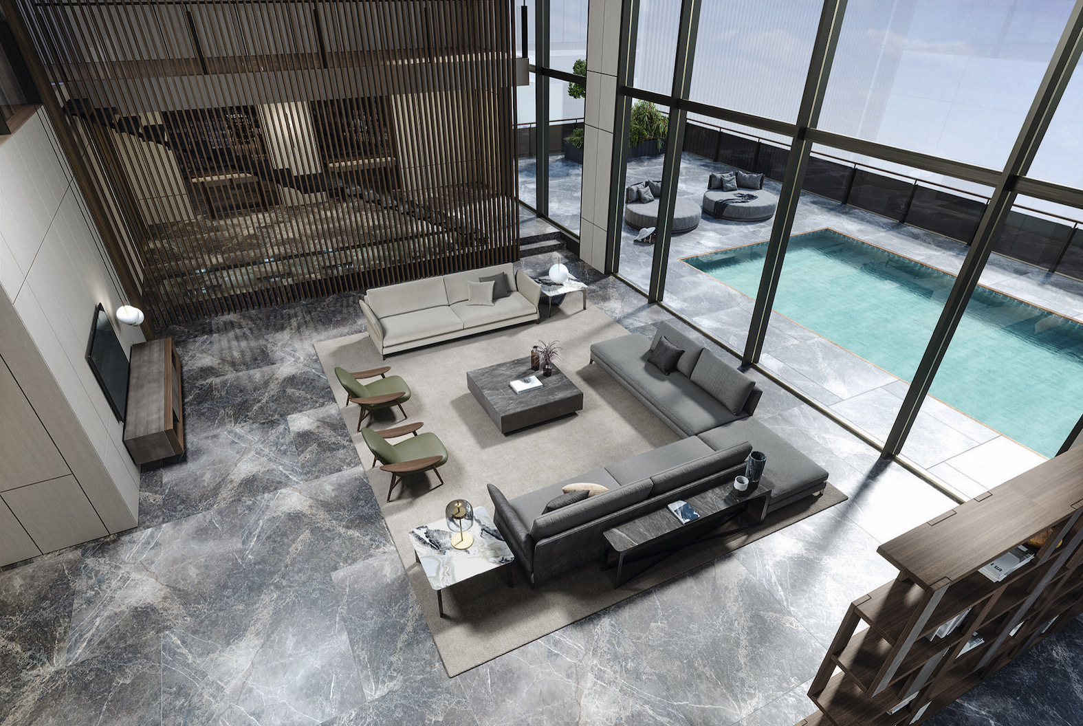 esempio progetto ristrutturazione casa: soggiorno di lusso con grandi finestre e vista, mobili moderni, pavimento in marmo, Luxury, Design, Exclusive, Modern, Custom Made, Special, Beautiful