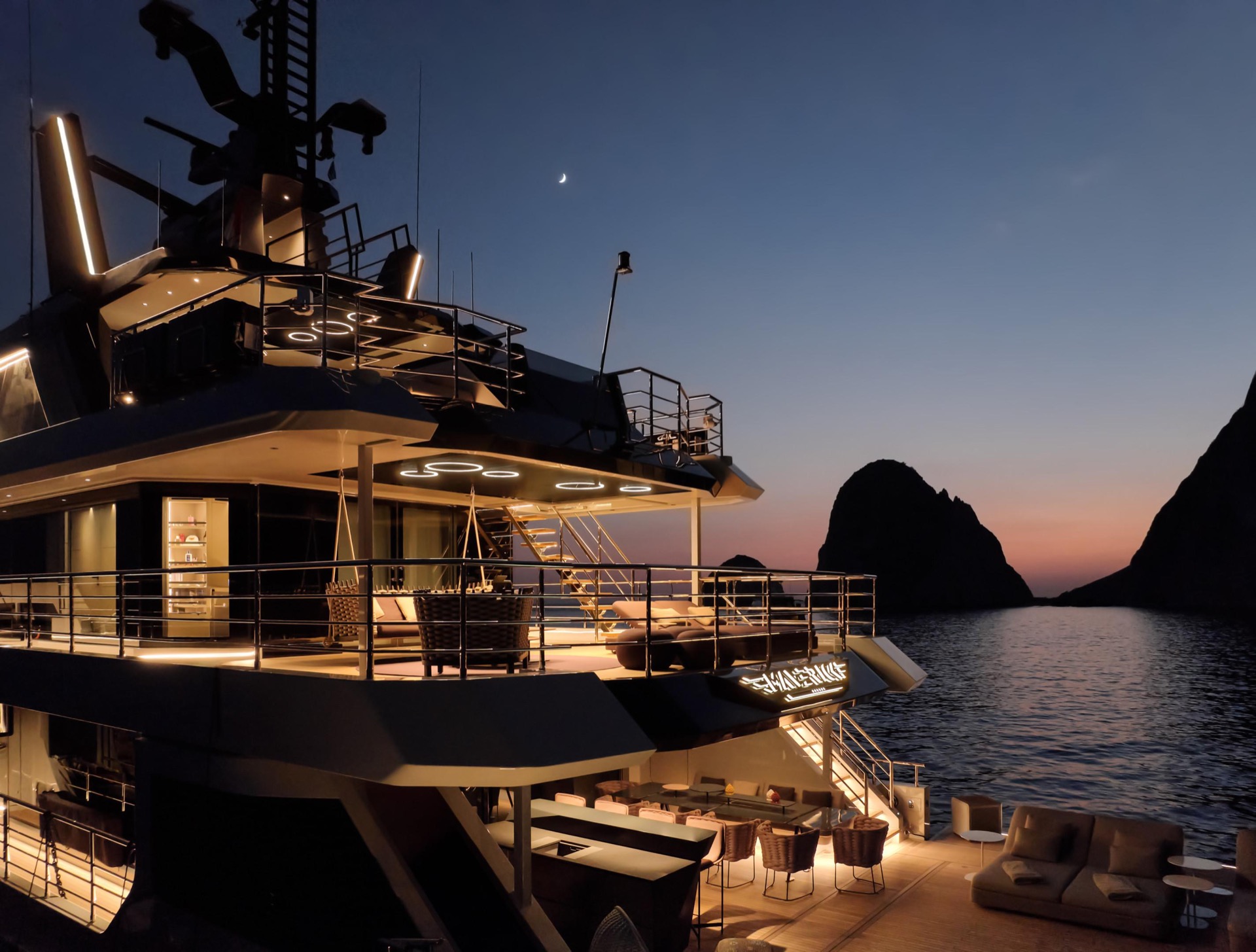 interni yacht di lusso: interni serali con illuminazione a soffitto moderna e atmosfera, Luxury, Design, Exclusive, Modern, Custom Made, Special, Beautiful