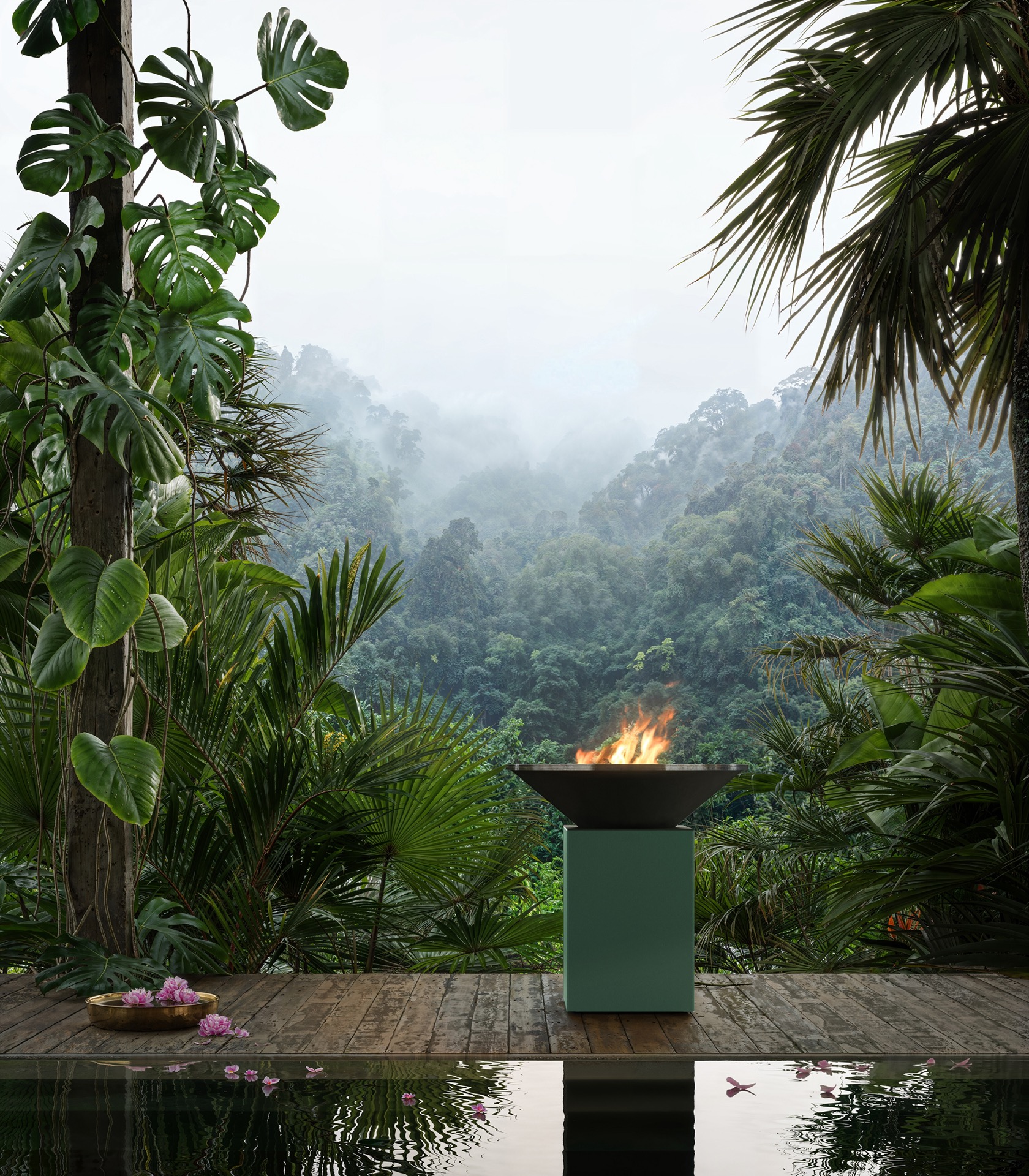 apparecchi cottura in metallo robusti: focolare verde su terrazza di legno con foresta tropicale sullo sfondo, Luxe, Design, Exclusief, Modern, Maatwerk, Bijzondere, Mooie