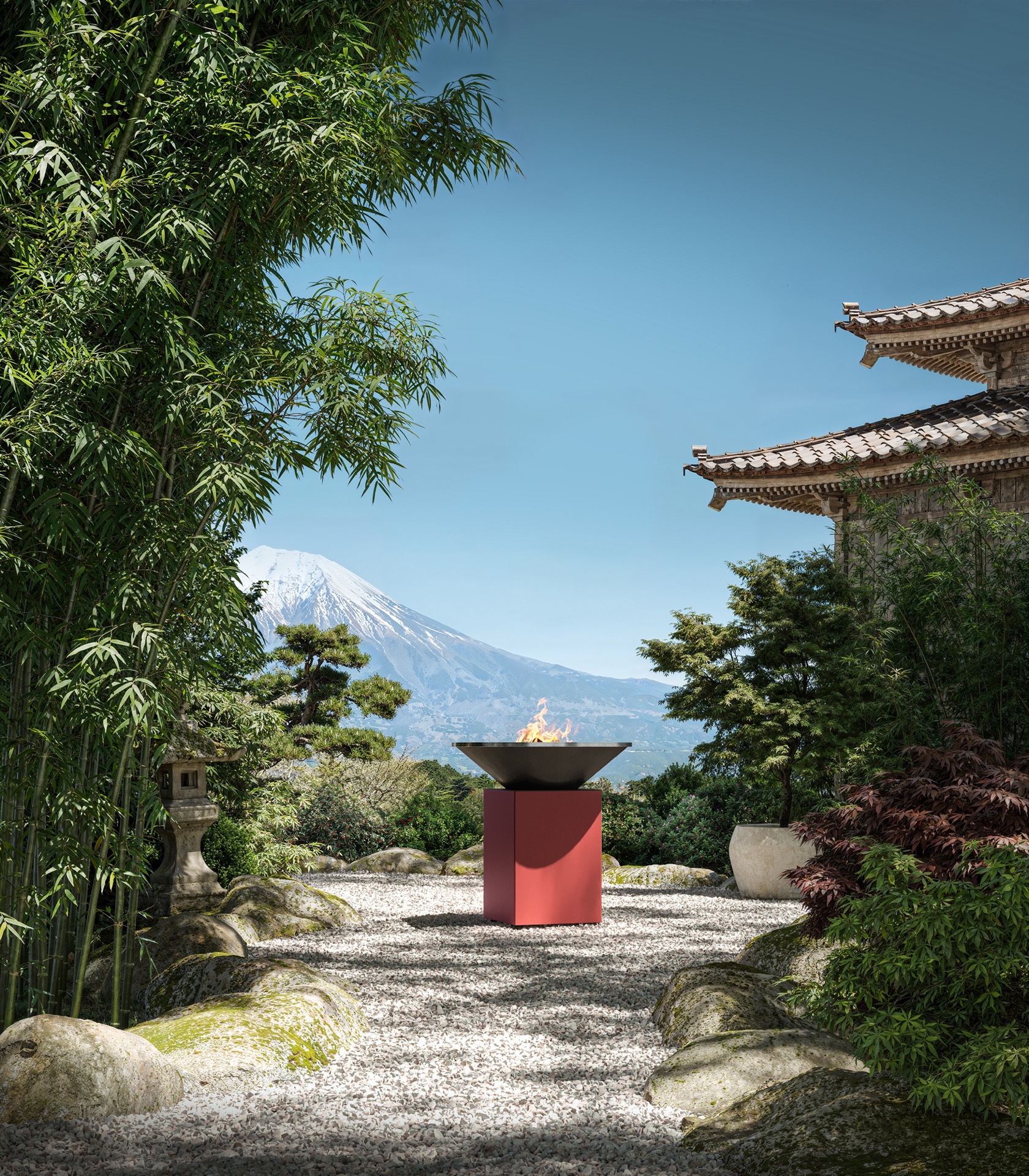 apparecchi cottura in metallo robusti: giardino giapponese con OFYR rosso e sentiero di ghiaia circondato da rocce, Luxe, Design, Exclusief, Modern, Maatwerk, Bijzondere, Mooie
