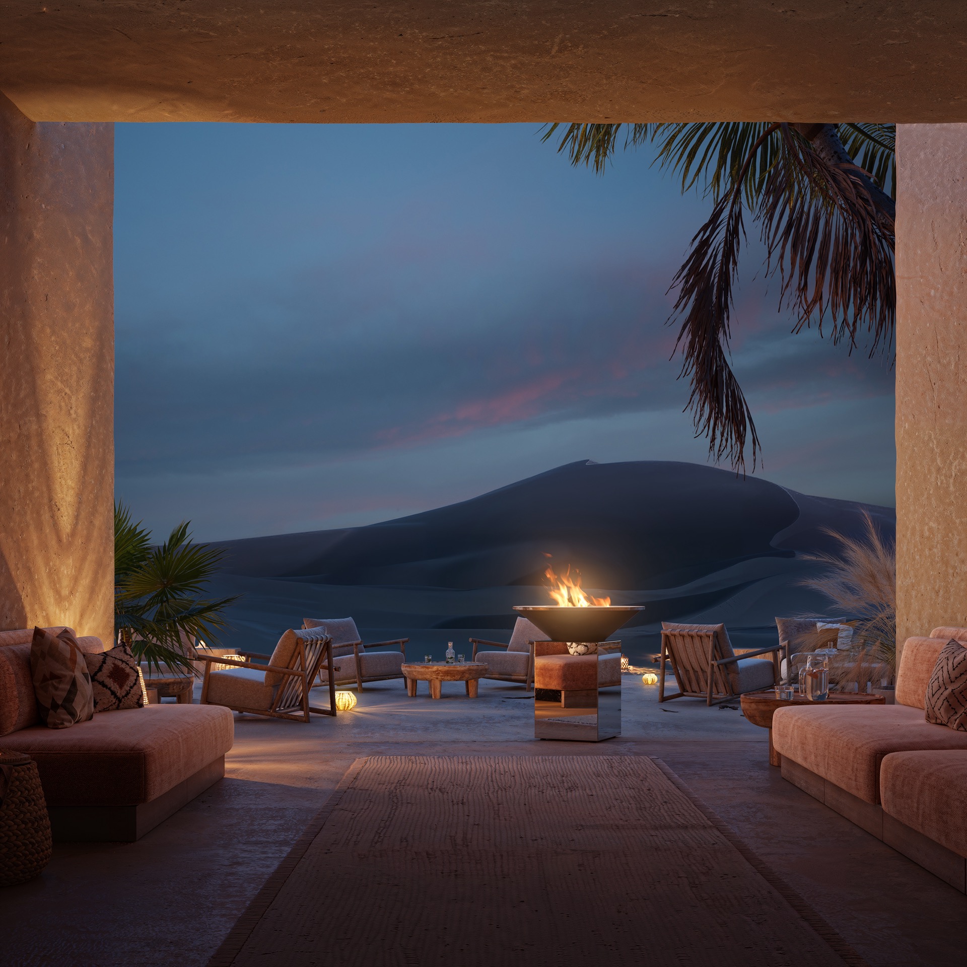 apparecchi cottura in metallo robusti: lounge esterno coperto con focolare OFYR e vista sulle dune al crepuscolo, Luxe, Design, Exclusief, Modern, Maatwerk, Bijzondere, Mooie