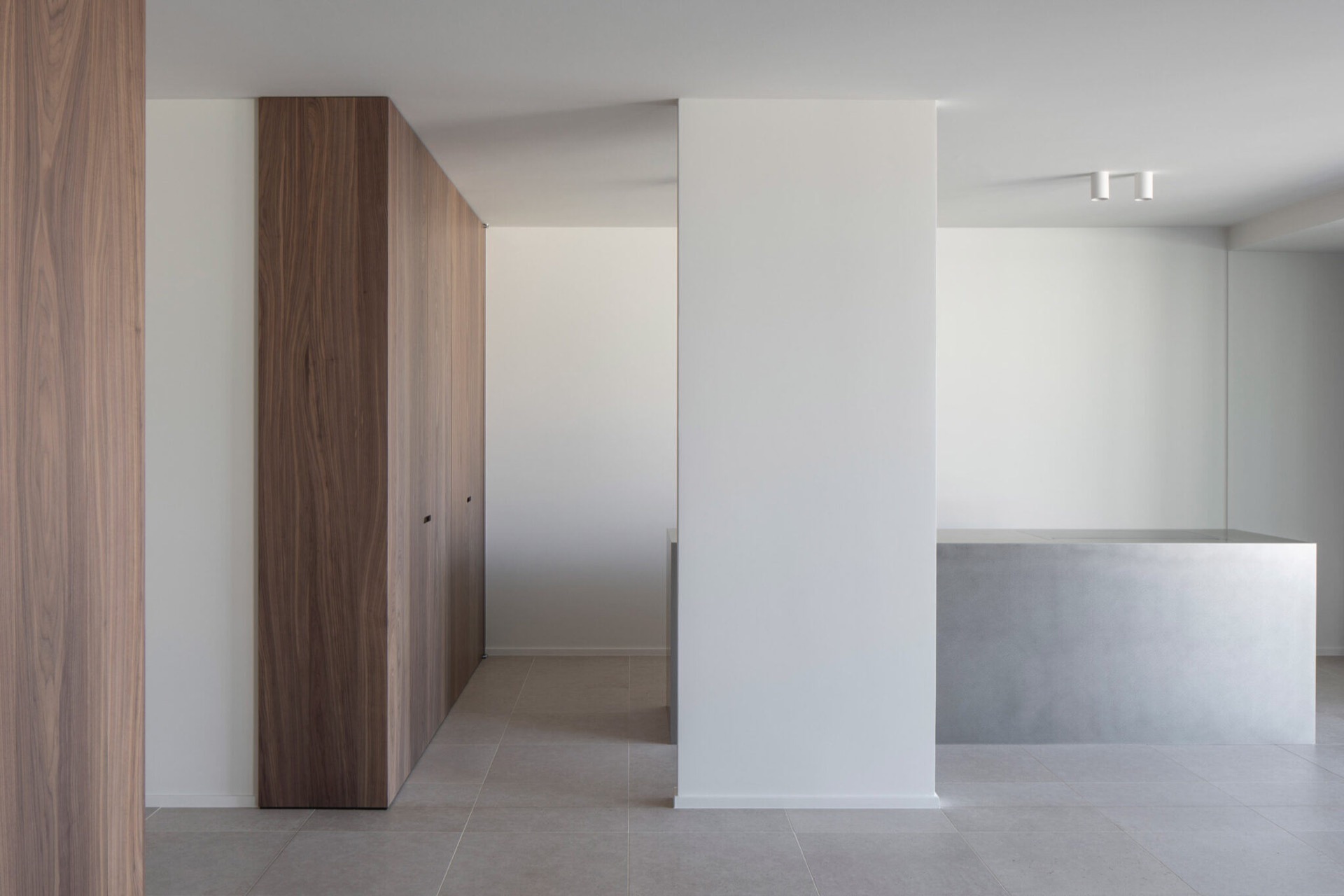 interno minimalista: cucina minimalista con isola grigia opaca e armadi in noce, Luxury, Design, Exclusive, Modern, Custom Made, Special, Beautiful