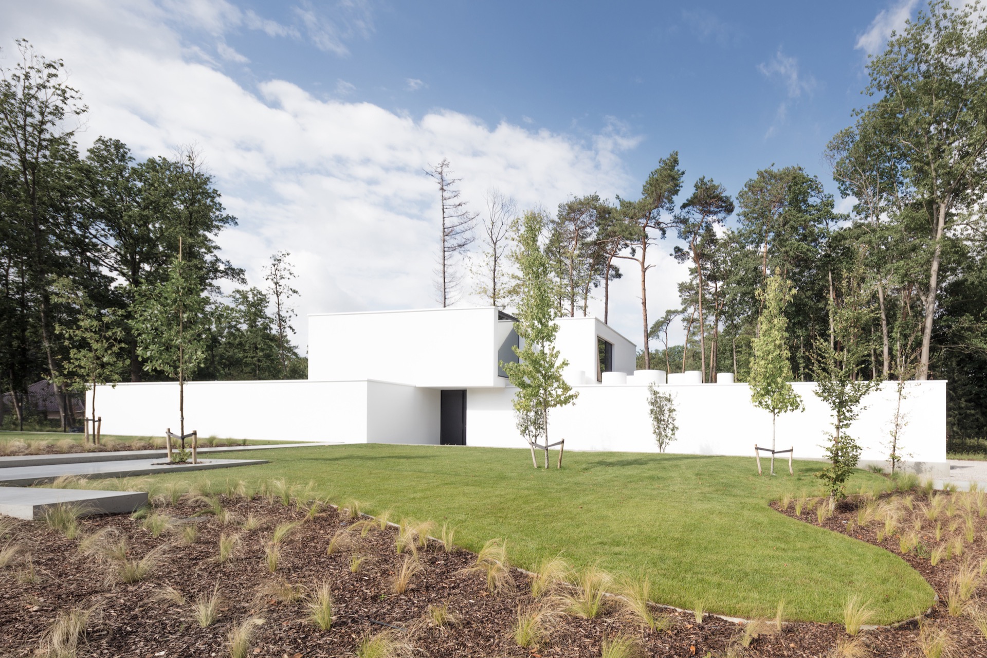 bois bardage extérieur: villa blanche en forme de cube avec jardin vert et jeunes arbres, Luxe, Design, Exclusief, Modern, Maatwerk, Bijzondere, Mooie