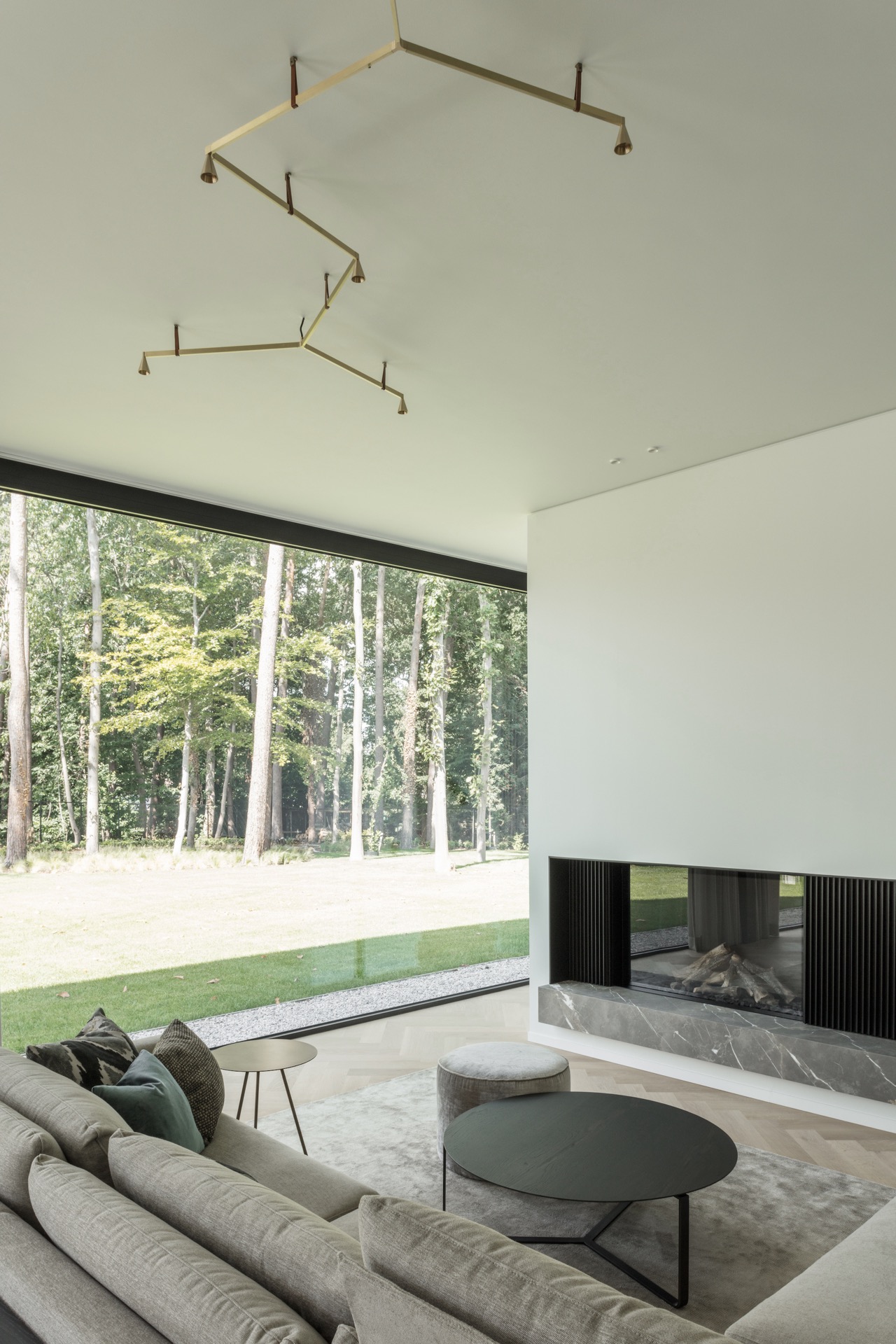 bois bardage extérieur: salon avec grandes baies vitrées, cheminée en bois foncé et parquet en chêne en chevrons donnant sur, Luxe, Design, Exclusief, Modern, Maatwerk, Bijzondere, Mooie