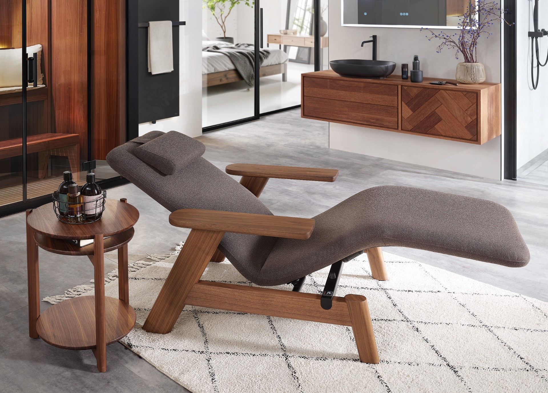 sillón de bienestar con calefacción integrada: sillón de bienestar con tapizado gris grafito y estructura de madera en un, Luxury, Design, Exclusive, Modern, Custom Made, Special, Beautiful