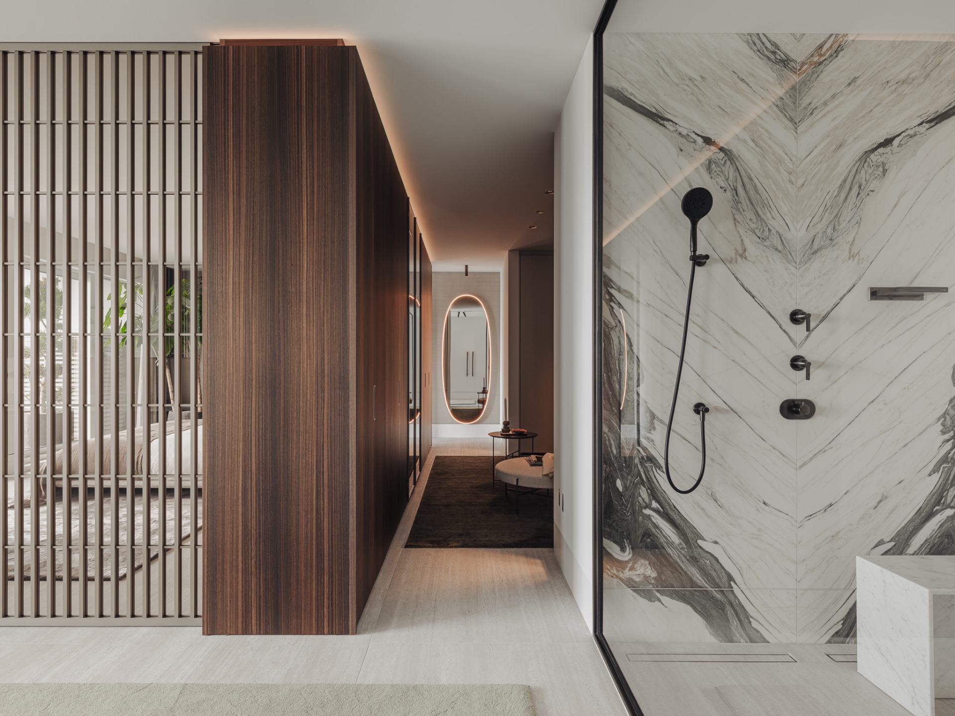 penthouse renovatie appartement: badkamer met marmerlook wanden, douchezone en open doorkijk naar gang, Luxe, Design, Exclusief, Modern, Maatwerk, Bijzondere, Mooie