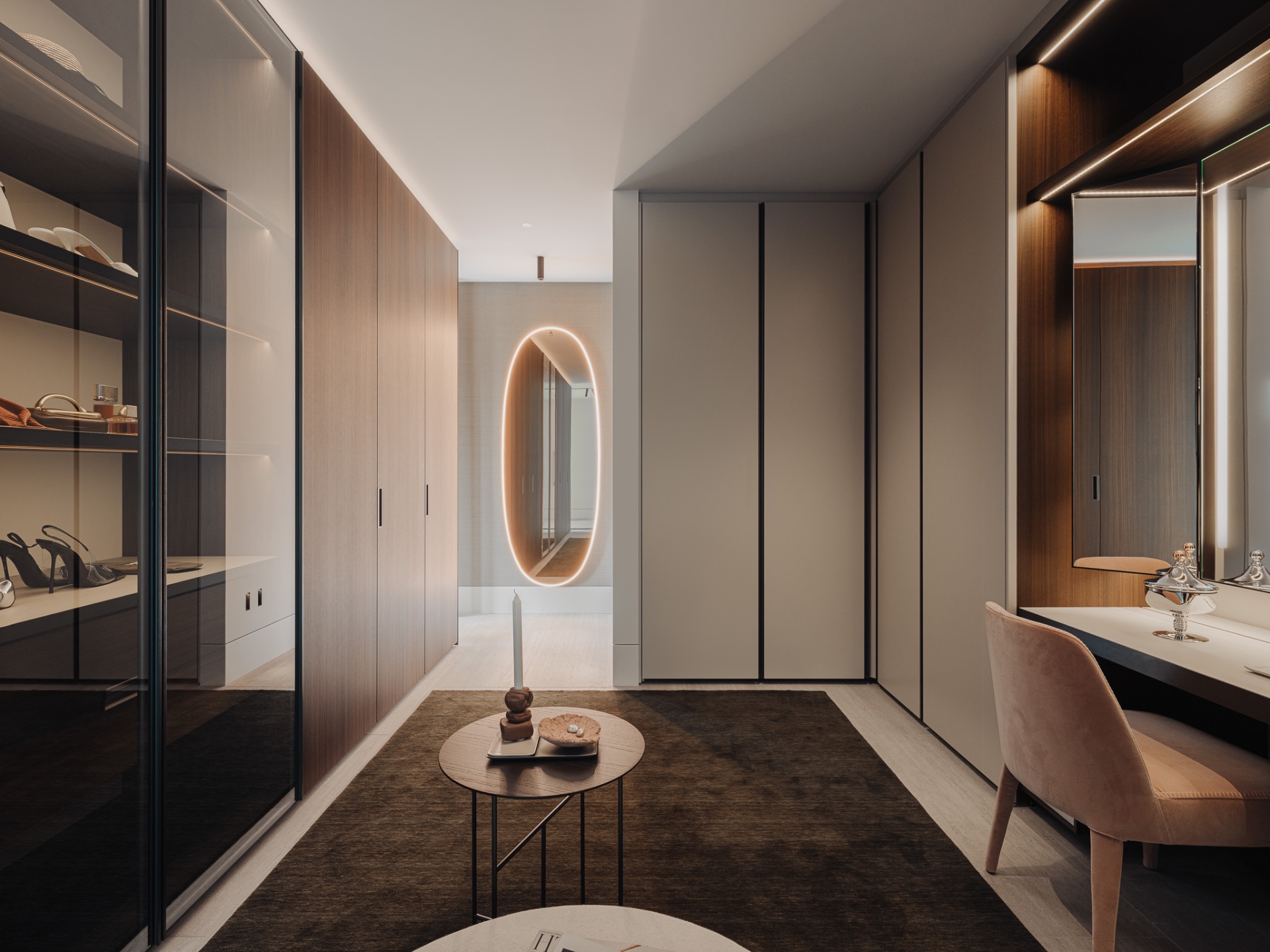 penthouse renovatie appartement: hal met inbouwkasten, ovaal gebogen licht en glazen scheidingspartij, Luxe, Design, Exclusief, Modern, Maatwerk, Bijzondere, Mooie