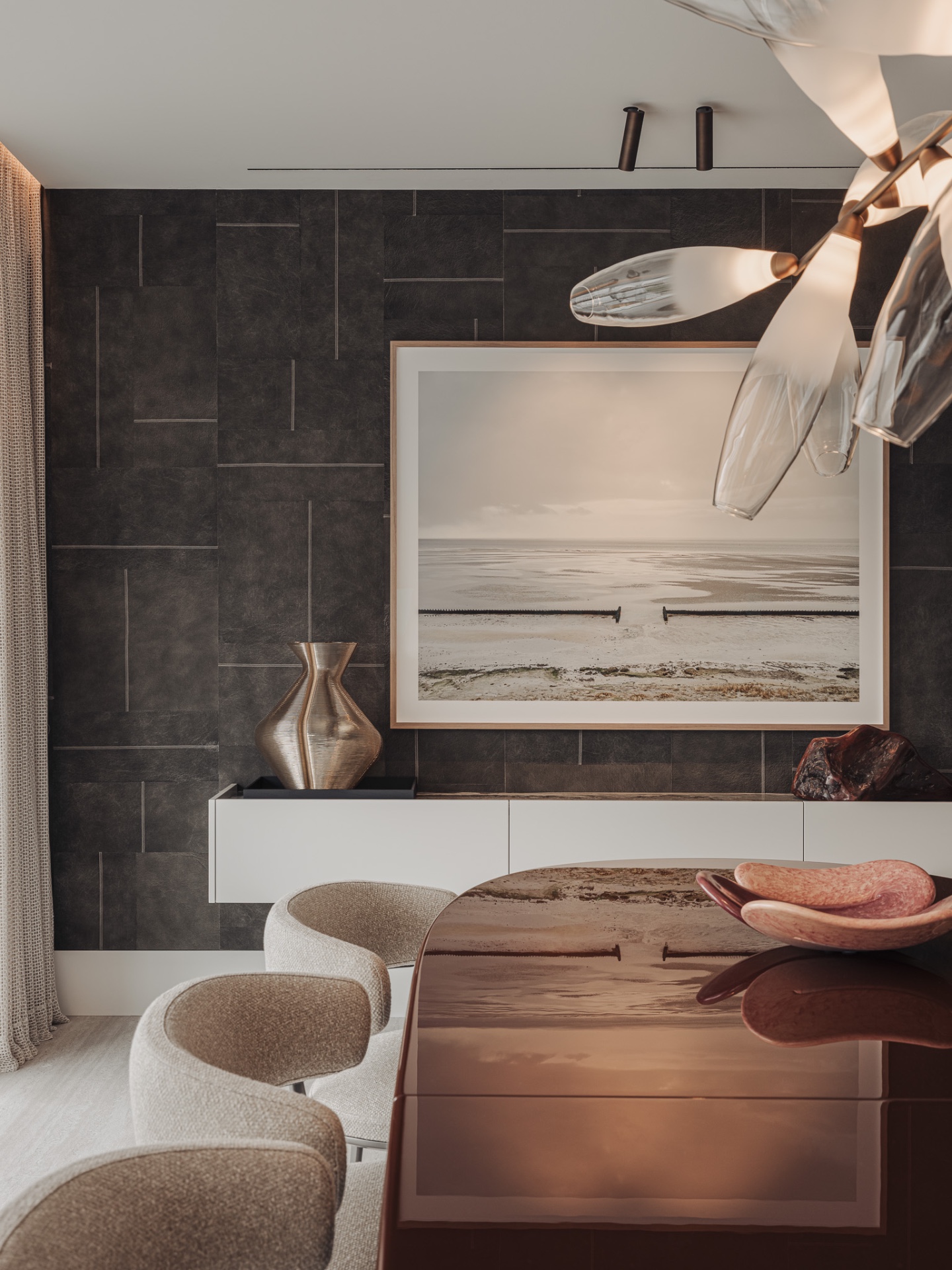 penthouse renovatie appartement: maatwerk wandmeubel met open planken en donkere achterwand, Luxe, Design, Exclusief, Modern, Maatwerk, Bijzondere, Mooie