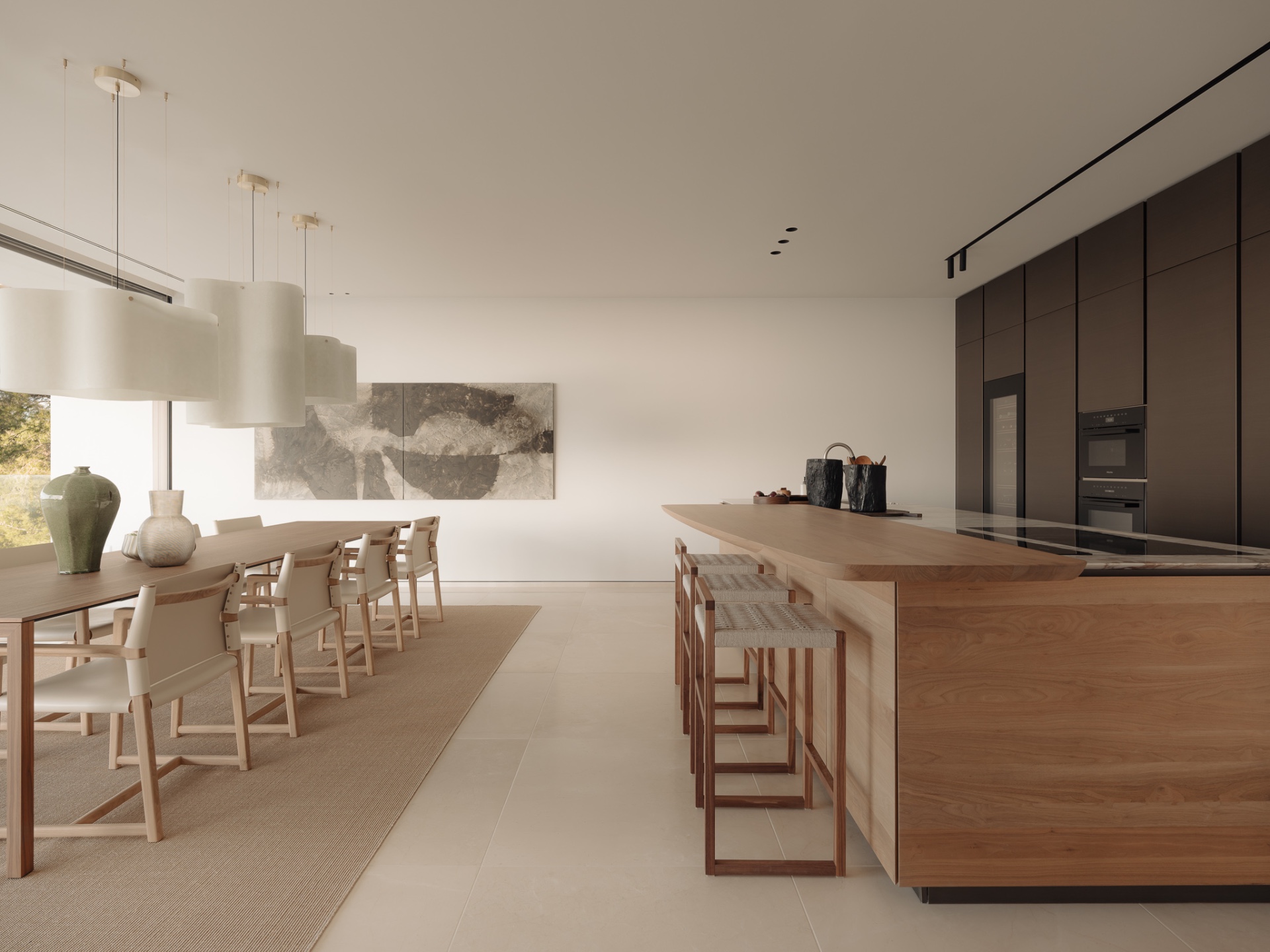 binnen-buiten living villa met zeezicht: panoramisch uitzicht vanaf binnen op terras met pergola en glazen balustrade, Luxe, Design, Exclusief, Modern, Maatwerk, Bijzondere, Mooie